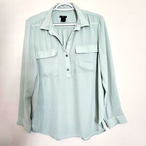 Ann Taylor Factory Double Front Pocket Vneck Chiffon Long Sleeve Blouse Office